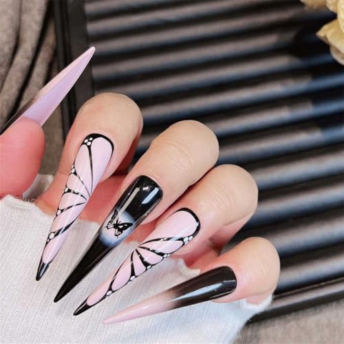 JCX010-S Extra lange Stiletto-Nägel, handgefertigt, tragbar, Schmetterling, Colorblock, Nagelkunst, Dekoration, Punk, Manciure, für Damen und Mädchen, 10 Stück von Generisch