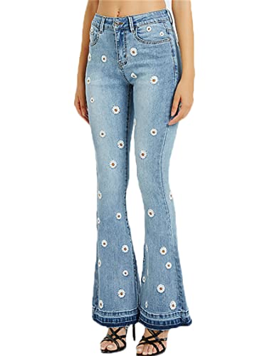 JIER Damen Blumen Stickerei Slim Fit Schlaghosen Gänseblümchen Drucken Jeanshose Retro Skinny Slim Hosen Locker Lang Boyfriend Jeans Straight Schlagjeans (Hellblau 1,M,M) von Generisch