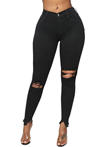 JIER Damen Destroyed Zerrissen Jeans High Waist Jeggings Ripped Optik Slim Fit Skinny Leggings Retro Jeanshosen Bleistifthosen mit Löchern Hosen (Schwarz,L,L) von Generisch