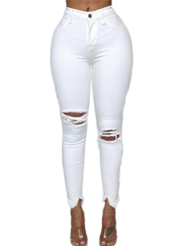 JIER Damen Destroyed Zerrissen Jeans High Waist Jeggings Ripped Optik Slim Fit Skinny Leggings Retro Jeanshosen Bleistifthosen mit Löchern Hosen (Weiß,S,S) von Generisch