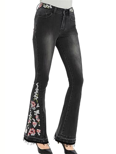 JIER Damen High Waist Schlaghosen Jeanshosen mit Blumen Stickerei Lang Denim Hosen Retro Stil Boyfriend Schlagjeans Freizeithosen Jeanshose Hose (Schwarz,4XL,4XL) von Generisch