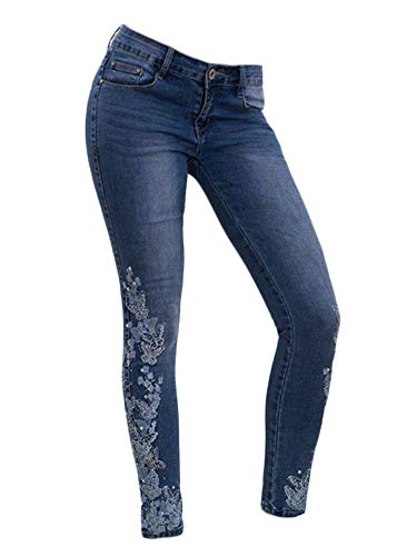 JIER Damen Hohe Taillen Stickerei Jeans Hosen Plus Size Denim mit Taschen Casual Hosen Skinny Slim Fit Hose Streetwear Jeanshose Trousers Pants Jeanshosen (Blau,3XL,3XL) von Generisch