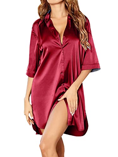 JIER Damen Lang 3/4 Ärmel Schlafanzug Negligee mit Knöpfen Satin Sommer Pyjama Eleganter V Ausschnitt Nachtkleid Schlafanzüge Nachthemd (Rot,S,S) von Generisch
