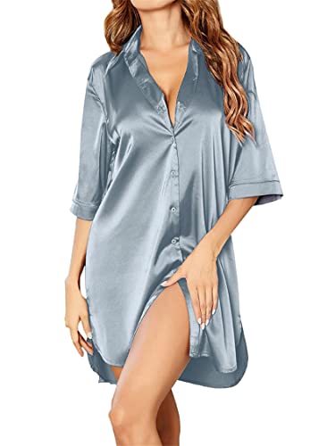JIER Damen Lang 3/4 Ärmel Schlafanzug Negligee mit Knöpfen Satin Sommer Pyjama Eleganter V Ausschnitt Nachtkleid Schlafanzüge Nachthemd (Silber,XXL,XXL) von Generisch