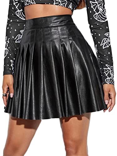 JIER Damen Lederrock Rock High Waist Rock PU-Leder A-Linie Faltenrock Röckchen Sexy Glitzer Rock Sommer Röcke Plissierte Damenröcke Plus Size Schwarz Minirock (Schwarz 2,5XL,5XL) von Generisch