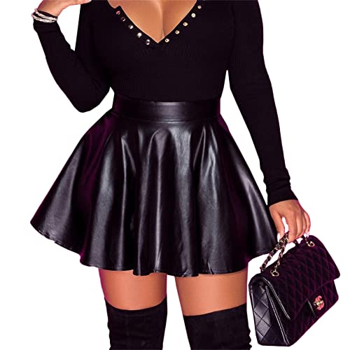 JIER Damen PU Leder Faltenrock Kurz Skater Rock Hohe Taille Kunstleder Minirock A Linie Leder Rock Party Clubwear Elegant Plissierte Röcke Plus Size (Schwarz,XXL,XXL) von Generisch