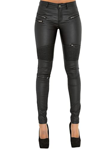 JIER Damen PU Leder Look Optik Hose mit Reißverschluss Skinny Slim Fit Biker Jeans Lederhose Hüfthose Jeanshose Röhrenjeans Röhrenjeans Oversize Hose (Schwarz 2,XL,XL) von Generisch