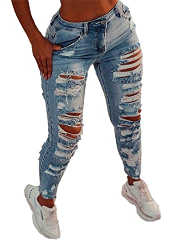 JIER Damen Skinny High Waist Zerrissen Jeans Slim Fit Jeanshose mit Hohem Bund Löcher Ankle Röhrenjeans Sexy Gamaschen Hosen Freizeithosen (Blau,S,S) von Generisch