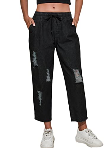 JIER Damen Zerrissene Destroyed Straight Jeans mit Kordelzug Relaxed Loose Fit Hose Mittlere Taille Elegant Freizeithose Slim Fit Gerissene Jeanshose Oversize (Schwarz 2,XL,XL) von Generisch