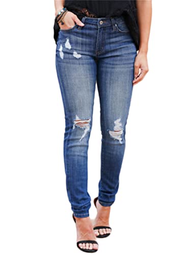 JIER Damen Zerrissene Skinny Fit Jeanshose Röhrenjeans Skinny Risse Fetzen Bleistifthose Hüfthose Streetwear Freizeithosen Ghemdilmn Ripped Jeans Plus Size Hosen (Blau,XXL,XXL) von Generisch
