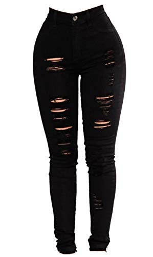JIER Damen Zerrissene Skinny Stretch Hohe Taille Hüftjeans Jeanshose Destroyed Röhrenjeans mit Löchern Bleistifthose Denim Ripped Loch Stretch Hose Jeans (Schwarz,XXL,XXL) von Generisch