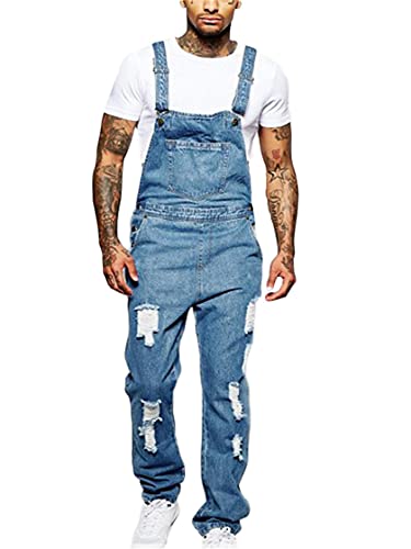 JIER Herren Lange Jumpsuit Jeanshose Latzhose Retro Denim Overalls Arbeitshosen Hose mit Geradem Bein Jeanshosen High Waist Freizeithosen (Blau,L,L) von Generisch