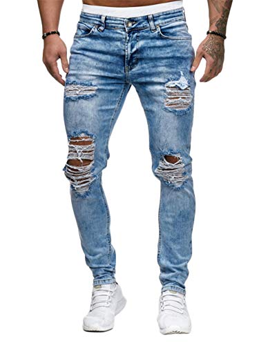 JIER Herren Löcher Vintage Jeans Slim Fit mit Geradem Bein Basic Jeanshosen Hosen Destroyed Zerrissen Jeanshose Pants Hose Freizeithosen (Blau,L,L) von Generisch