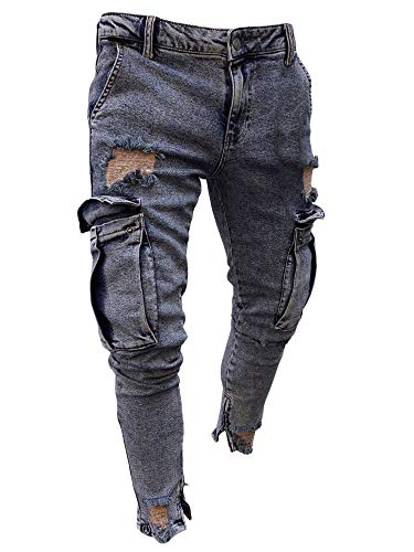 JIER Herren Skinny Ripped Destroyed Stretch Slim Fit Jeans Hip Hop Hose Bleistifthose mit Seitentaschen Jeanshosen Hosen Jeanshose Pants (Blau 2,4XL,4XL) von Generisch