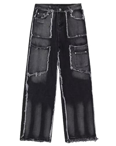 JIER Männer Grunge Hip Hop Baggy Hosen Gerade Bein Grafik Denim Joggers Lose Goth Hosen Streetwear (Gray,S) von Generisch