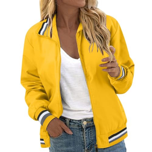 Jacke Damen Kurz Jakes Sommer Langarm Fliegerjacke Vintage Sport Jacken Jacket Leicht Frühling Frühjahr Damenbekleidung Übergangsjacken Damenjacken Elegante College Blusenjacke Hemdjacke Gelb 3XL von Generisch