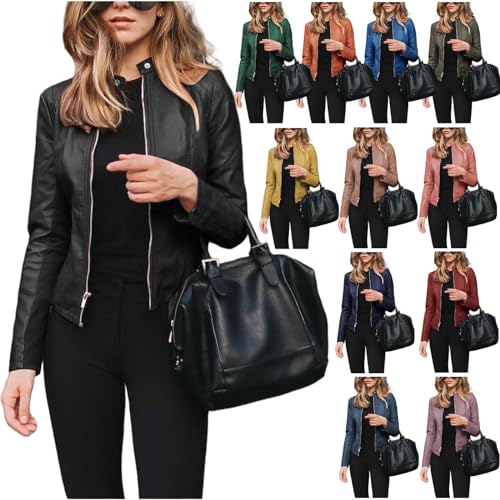 Jacke Damen Kurze Kunstlederjacke Bikerjacke mit Reißverschluss Lederjacke Frauen Kunstlederjacke mit Zip Herbst Frühling Kunstleder Motorradjacke Coat von Generisch