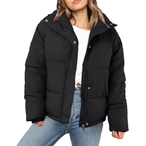 Jacke Damen Winter Puffer Jacke Schwarz Beige Winter Warm Gesteppte Dicke Winterjacke Teenager Mädchen Kurz Ubergangs Damen-Jacken Outdoor Langarm-Baumwolljacke Jacken von Generisch