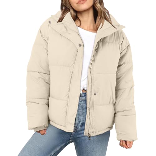 Jacke Damen Winter Puffer Jacke Schwarz Beige Winter Warm Gesteppte Dicke Winterjacke Teenager Mädchen Kurz Ubergangs Damen-Jacken Outdoor Langarm-Baumwolljacke Jacken von Generisch