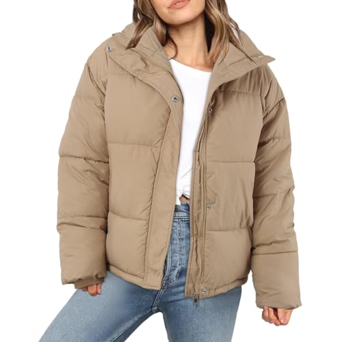 Jacke Damen Winter Puffer Jacke Schwarz Beige Winter Warm Gesteppte Dicke Winterjacke Teenager Mädchen Kurz Ubergangs Damen-Jacken Outdoor Langarm-Baumwolljacke Jacken von Generisch
