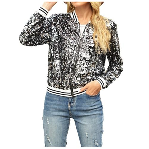 Jacke Glänzende Langen Ärmeln Reißverschluss Jacken mit Pailletten Baseballkragen Sportmantel Casual Glitzer Mäntel Bomberjacke Pailletten Jacken Langarm Party Club Metallic Sequin Mäntel von Generisch