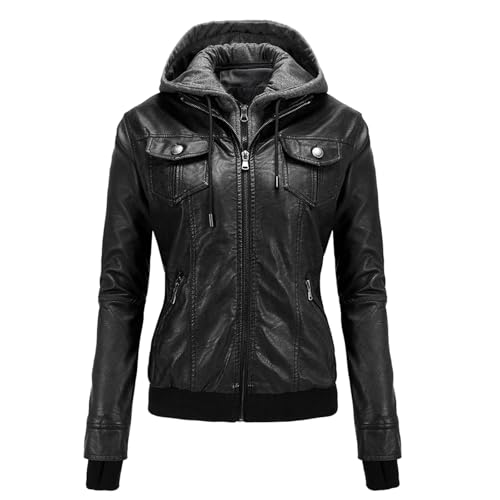 Lederjacke Damen Kunstleder - Jacke Damen Lederjacke mit Kapuzen Große Größen Kapuzenjacke Langarm Motorrad Jacke Winterjacke Slim Fit Hoodie Mantel Streetwear mit Reißverschluss Tasche von Generisch