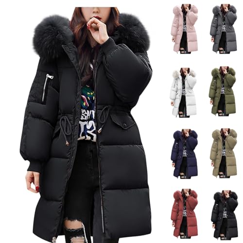 Jacken für Damen, mittellang, Daunenmantel mit Fellkapuze, wasserdicht, warm, gepolstert, gesteppt, Outwear, Parka, Mantel, #01a-schwarz, L von Generisch