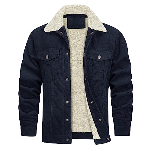 Jacket For Men, Winter Herren Jacke Verdickt Langarm Revers Cord Komposit Lammwolle Mantel College Baseball Lederjacke Bikerjacke Gefüttert Wasserdichte Sommer Leichte Daunenjacke (M, Marine) von Generisch