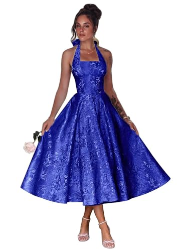 Jacquard Satin Ballkleider mit Schleife Teelänge A-Linie Midi Halter Quadratischer Ausschnitt Formelle Partykleider mit TaschenKönigsblau 34 von Generisch