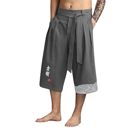 Japanische Taro Leinen-Kurzhose Herren traditionelles Design Kordelzug & atmungsaktiv ideal für Sommer Strand & Outdoor-Aktivitäten Leinenhose Herren 3/4 Japanisch Freizeithose von Generisch