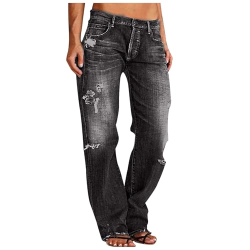 Jeanhose Damen Baggy Zerrissene Straight Jeans Damen Stretch Mid Waist Lang Damenhose Gerades Bein Ripped Hosen Frauen Jeans mit Knöpfen Taschen Hose Elegant Denim Löcher Freizeithose Jeanhose Damen Baggy Zerrissene Straight Jeans Damen Stretch Mid Waist Lang Damenhose Gerades Bein Ripped Hosen Frauen Jeans mit Knöpfen Taschen Hose Elegant Denim Löcher Freizeithose von Generisch