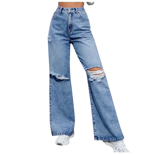 Jeans Damen Baggy High Waist Jeanshose mit Lochen Denim Hosen Boyfriend Loose Gerade Jeanshosen Y2K Style Vintage Jeans Hip Hop Lange Freizeithose Sporthose Hose mit Weitem Bein von Generisch