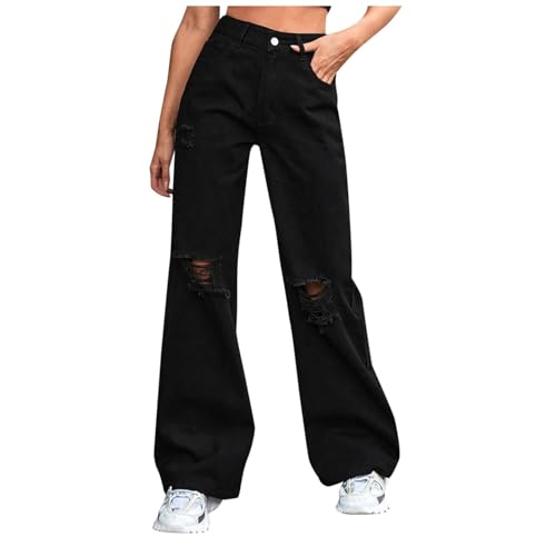 Jeans Damen High Waist Boyfriend Jeans Loose Gerade Jeanshosen mit Lochen Y2K Style Vintage Denim Hosen Hip Hop Lange Jeans Hose Freizeithose mit Weitem Bein von Generisch