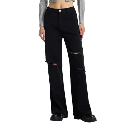 Jeans Damen High Waist Boyfriend Jeans Loose Gerade Jeanshosen mit Lochen Y2K Style Vintage Denim Hosen Hip Hop Lange Jeans Hose Freizeithose mit Weitem Bein von Generisch