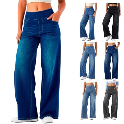Jeans Damen Weites Bein Jeanshose Baggy Denim Hose mit Gummibund Stretch High Waist Jeanshosen mit 4 Taschen Bequeme Denimhose Straight Gerade Jeans Freizeithose von Generisch