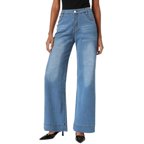 Jeans Damen Weites Bein Jeanshose Baggy Denim Hose mit Gummibund Stretch High Waist Jeanshosen mit 4 Taschen Bequeme Denimhose Straight Gerade Jeans Freizeithose von Generisch