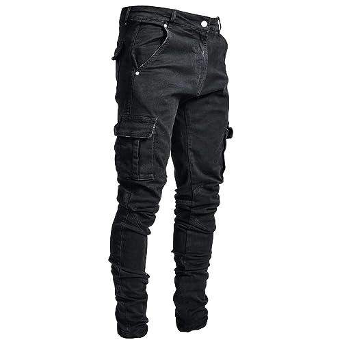 Jeans Herren Cargohose Slim Fit Destroyed Jeans Hose Tapered Fit Cargo Hosen mit Seite Taschen Streetwear Coole Jungen von Generisch