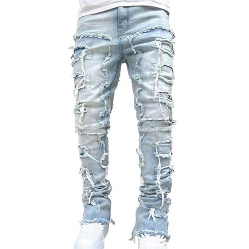 Jeans Herren Zerrissene Jeanshose Slim Fit Denim Lange Jeanshose für Männer Jeanshosen mit Geradem Bein Hop Hop Zerrissene Jeans mit Gerolltem Farbstoff Gespleißt Gestapelt von Generisch