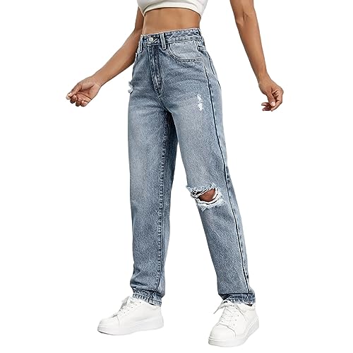 Jeans Hose Damen Mit Löcher Jeanshose High Waist Hohe Taille Retro Elegant Lockere Hosen Bequeme Stretch Gerades Bein Freizeit Jeanshosen Weites Freizeithose Outdoorhose Damenhose (Blue, S) von Generisch