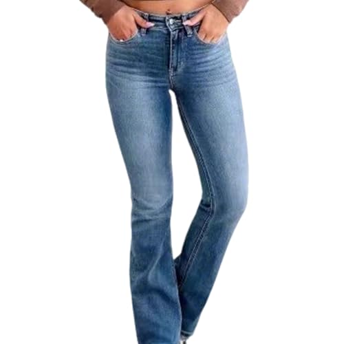 Jeans Hosen Damen, 2025 Neu High Waist Stretch Jeanshosen Lässige Schlaghosen Einfarbig Gewaschene Jeans (DE/NL/SE/PL, Alphanumerisch, S, Regular, Regular, Mittelblaue Erweitert) von Generisch