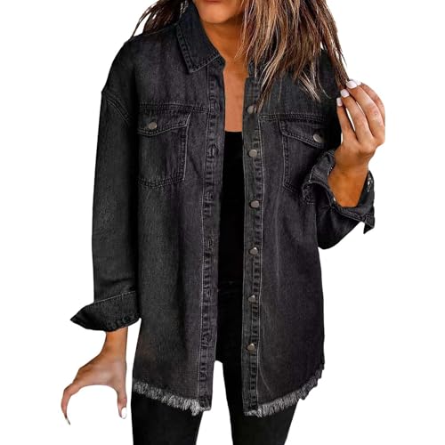 Jeans Jacken Damen Button Down Denim Jacket, Frühling Fall Shacket Jacket with Pockets Washed Denim Shirt Solid Jacke, Lässig Tops Frauen Ausgefranste Saum Jacke Elegant Langarmshirt Baggy Tunika von Generisch