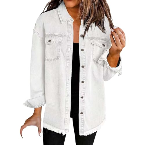 Jeans Jacken Damen Button Down Denim Jacket, Frühling Fall Shacket Jacket with Pockets Washed Denim Shirt Solid Jacke, Lässig Tops Frauen Ausgefranste Saum Jacke Elegant Langarmshirt Baggy Tunika von Generisch