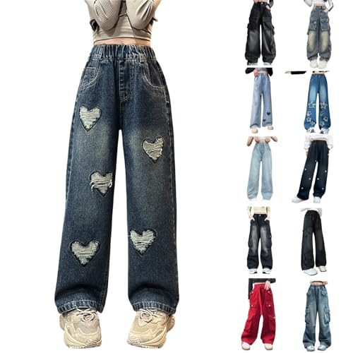 Jeans Mädchen Bootcut, Jean Hosen Stretch Vintage Jeanshosen Denimhose High Waist Loose Jeanshose Gerade Hosen Weitem Bein Hose Denim Cargohose Streetwear Schlaghose Jeans 120-170 von Generisch