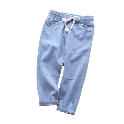 Jeans Mädchen Gerades Bein Elastisch Bund Jeanshose Denimhose Mit Taschen Und Tunnelzug Einfarbig Sommerhose Leicht Freizeithose Loose Palazzo Hose Bequem Culotte Light Blue 130 von Generisch