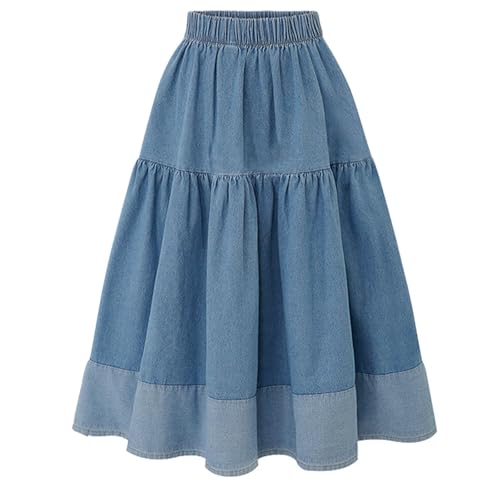 Jeans Rock Damen Midi, Jeansrock Lang, Midirock Blau A Linie High Waist Röcke Elastische Taille Patchwork Wickelrock für Frauen Skirt Swing Freizeitrock Einfarbig Herbstrock Sommerrock (Navy, M) von Generisch