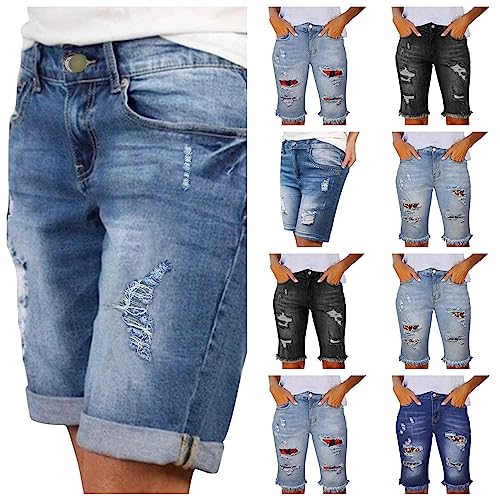 Jeans Shorts Damen Sommer Knielang Zerrissen Kurze Jeanshose Frauen Denim Stretch Jeans Hose Grosse Grössen Mode Casual Lose Jeansshorts Baggy Ripped Bermuda Shorts Denim Shorts Strandshorts von Generisch