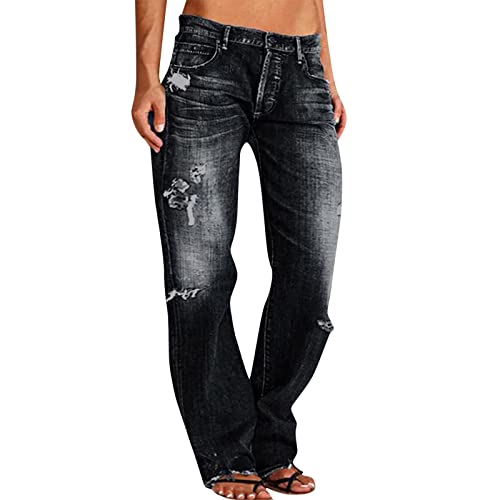 Jeanshose Damen Baggy | Denimhose Mit Löchern Jeans Damen Weites Bein Stretchjeans Vintage Damenjeans Gerade Straighthose Mit Taschen Jogginghose Bequem Sweatpants Loose Freizeithose Hosen von Generisch