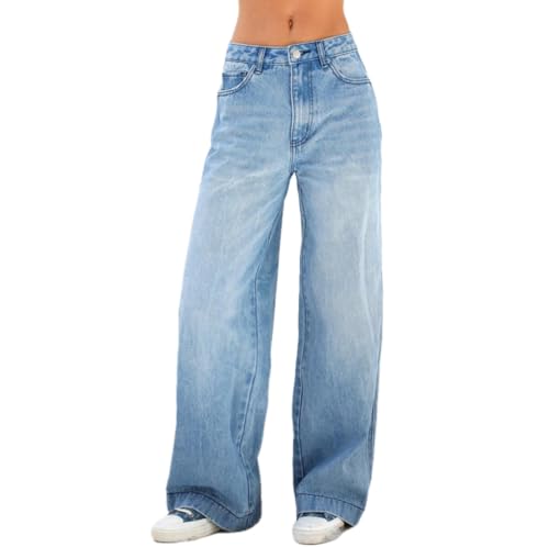 Jeanshose Damen Hose Weites Bein Hole High Waist Zerrissene Dünne Stretch Outdoorhose Mid Hosen Gerade Lässige Damenhose Blau Relaxhose Damenjeans Lang Elegant Jogginghose Outdoor (ZjA-Dark Blue, L) von Generisch