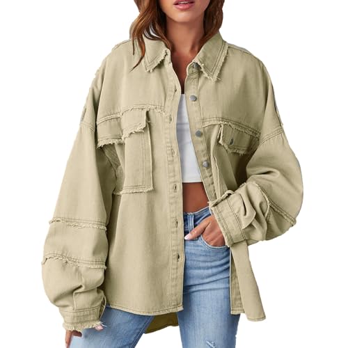 Jeansjacke Damen Lang, Jeansmantel Damen Große Größen, Freizeitjacke Sportlich Jeanshemd Einfarbig Denim-Jacke Streetwear Jacke Locker Arbeitjacke Revers Bikerjacke Mit Taschen Übergangsjacke von Generisch