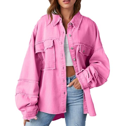 Jeansjacke Damen Lang, Jeansmantel Damen Große Größen, Freizeitjacke Sportlich Jeanshemd Einfarbig Denim-Jacke Streetwear Jacke Locker Arbeitjacke Revers Bikerjacke Mit Taschen Übergangsjacke von Generisch